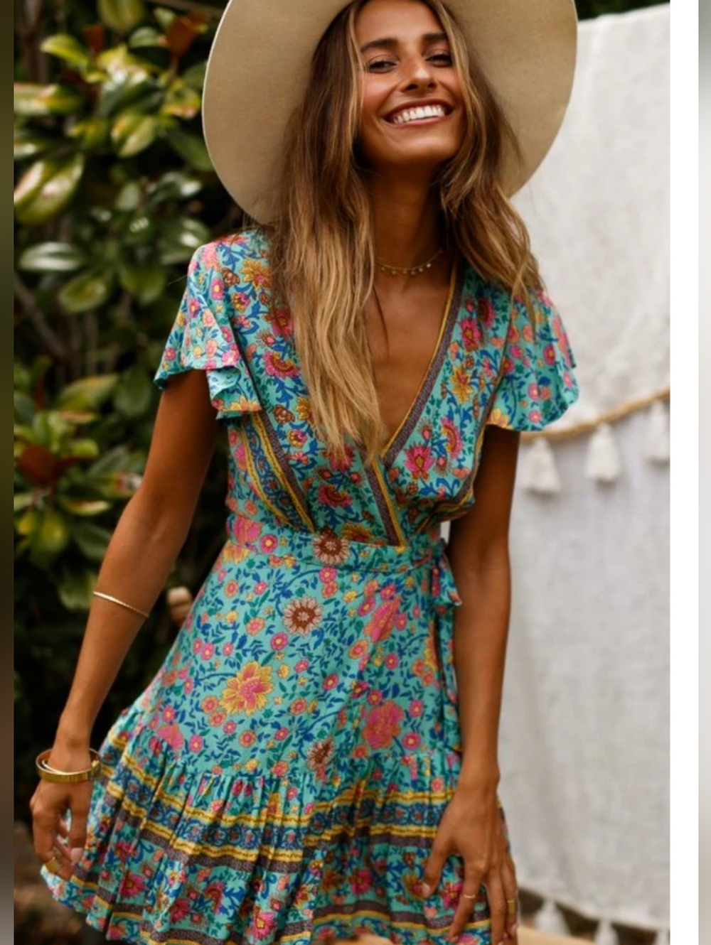 Floral Boho Tie-Waist Midi Dress in Turquoise - Picture 2 of 5